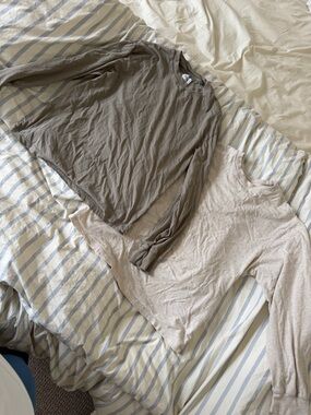 MATE the Label Long-Sleeve Crewneck Tees in Olive Taupe and Heather Oat